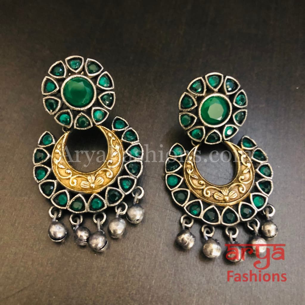 Ahira Dual Tone Colored Stone Studded Silver Oxidized Chandbali Earrings