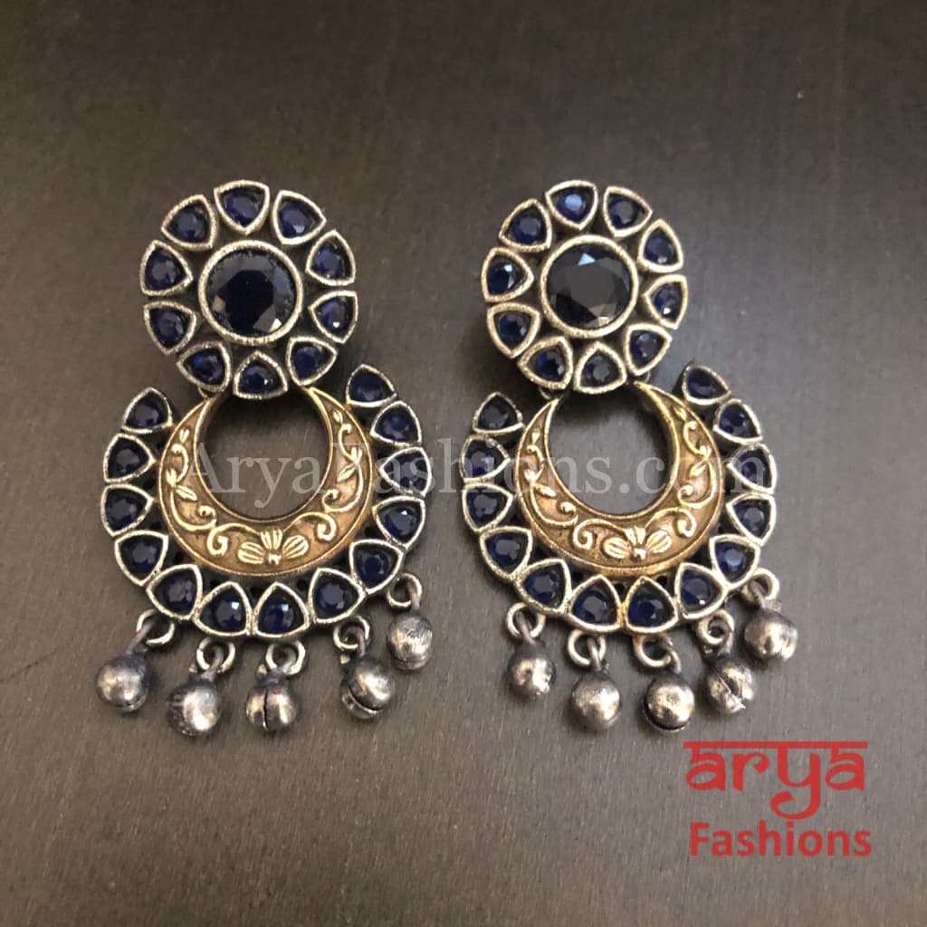 Ahira Dual Tone Colored Stone Studded Silver Oxidized Chandbali Earrings