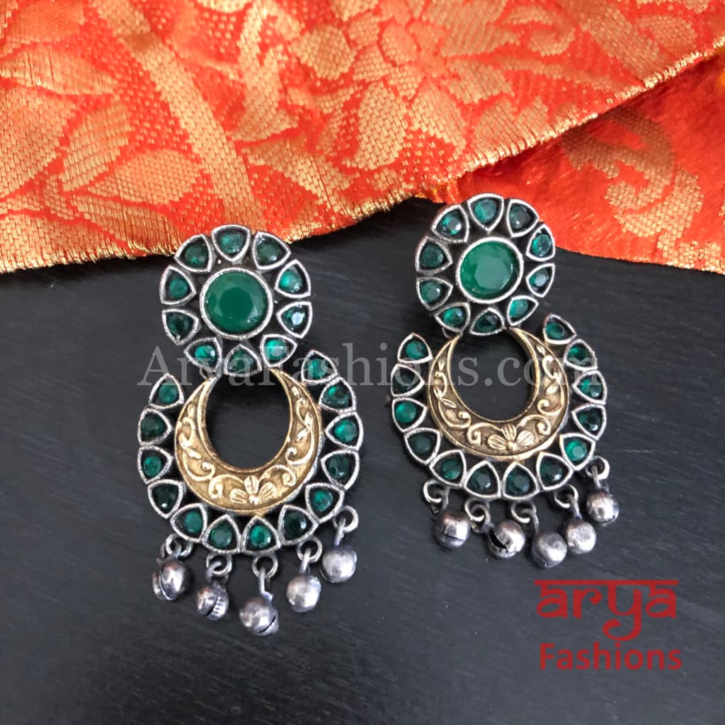 Ahira Dual Tone Colored Stone Studded Silver Oxidized Chandbali Earrings