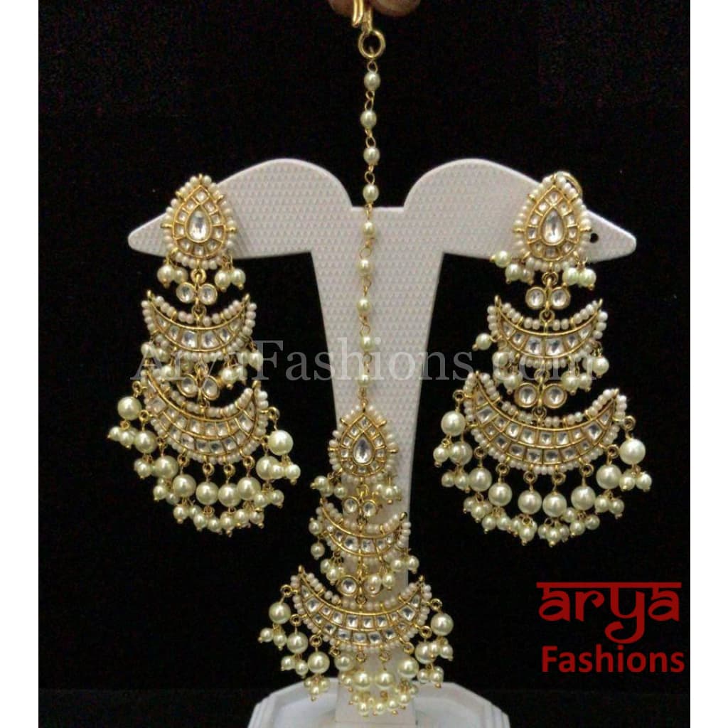 Amaira Pacchi Kundan Pearl Maang Tikka and Earrings Combo Set Indian Wedding