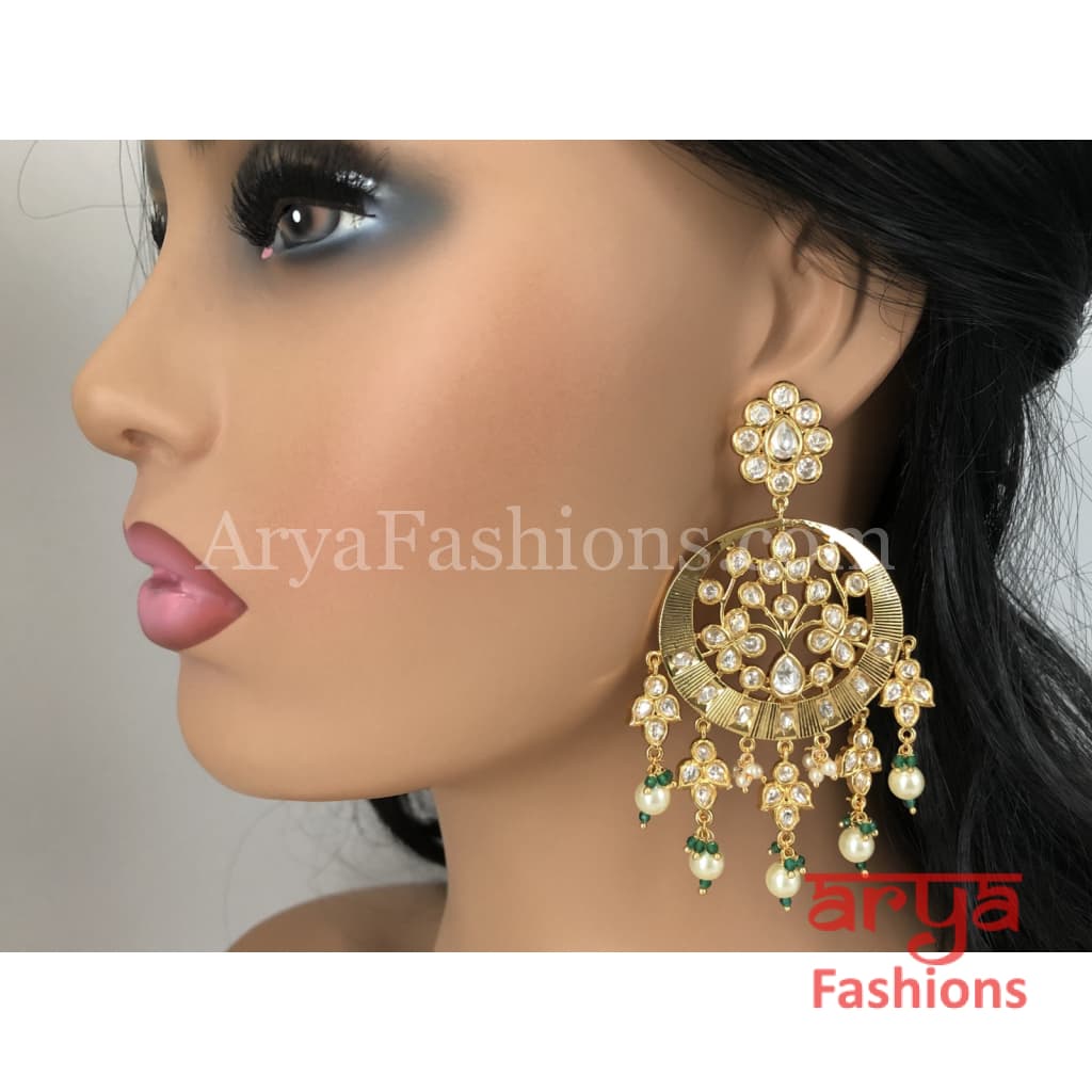 Anaira Kundan Pearl Chandbali with Green Beads