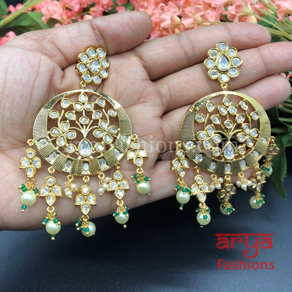Anaira Kundan Pearl Chandbali with Green Beads