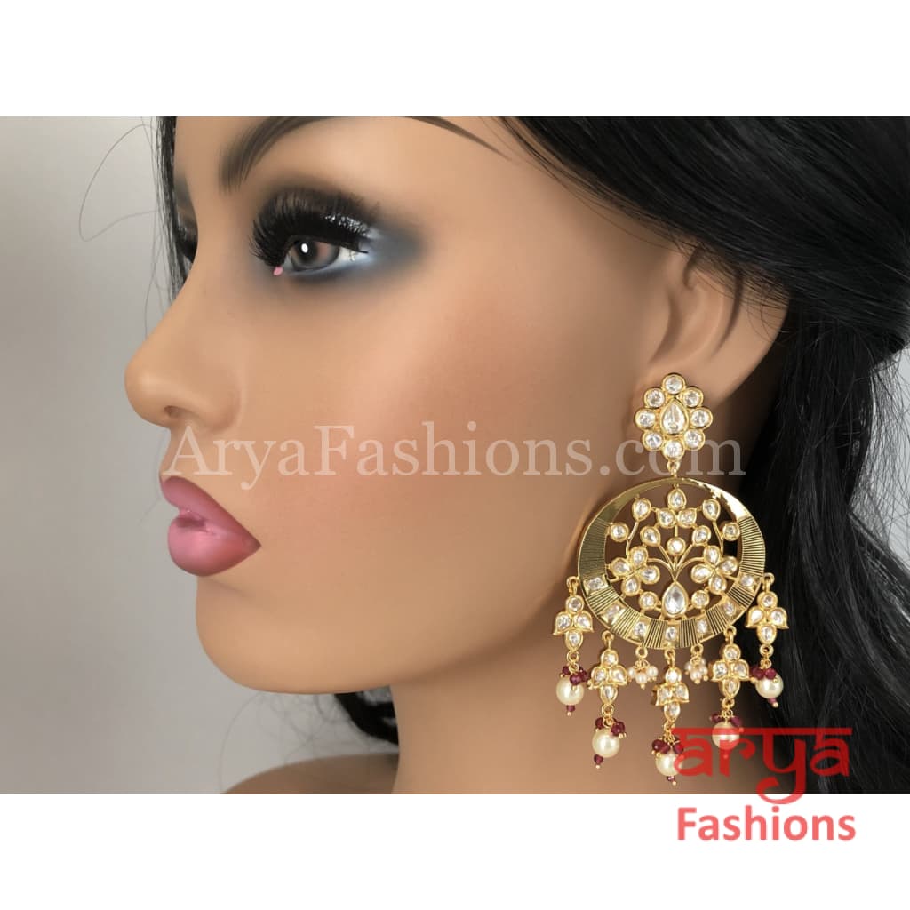 Anaira Kundan Pearl Chandbali with Red Beads