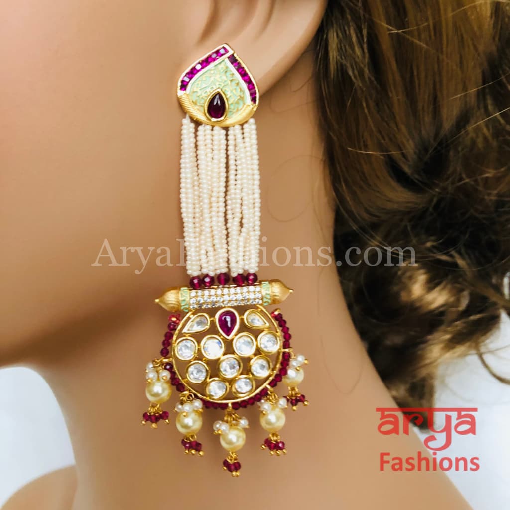 Anaira Ruby Mint Green Meenakari Kundan Jhumka with Pearl drops and multiple