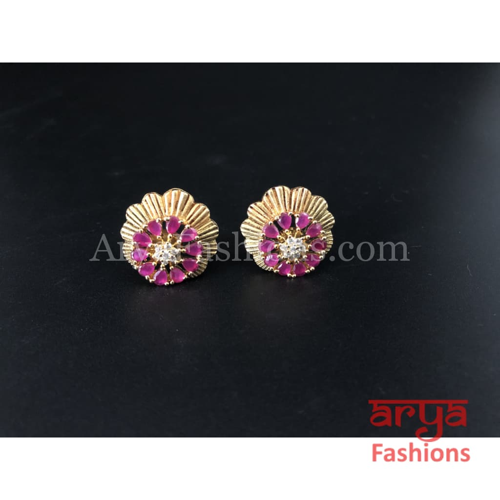 Antique Gold Traditional Studs with Pink Stones