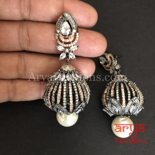 Ariana Victorian Cubic Zirconia Crown Earrings with pearl drops