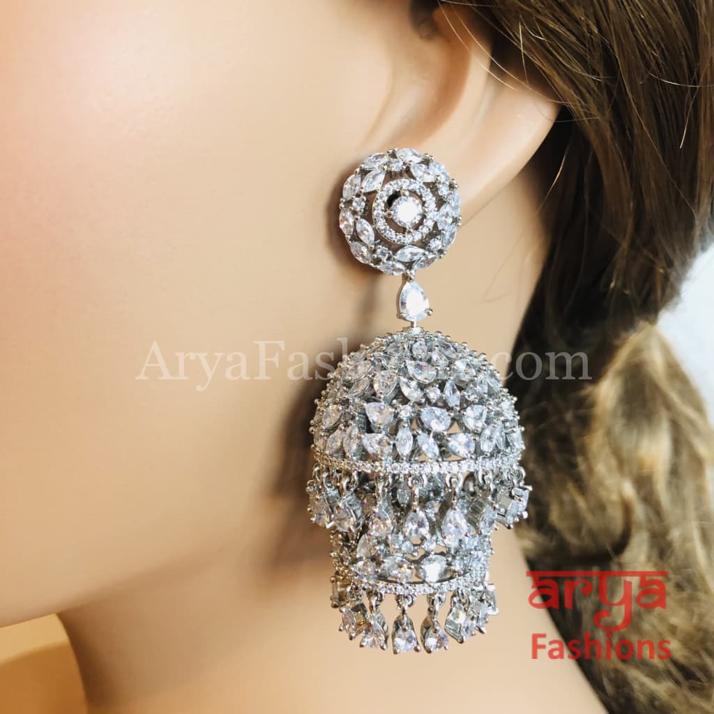 Ariana Victorian Silver Cubic Zirconia Double Jhumka Earrings