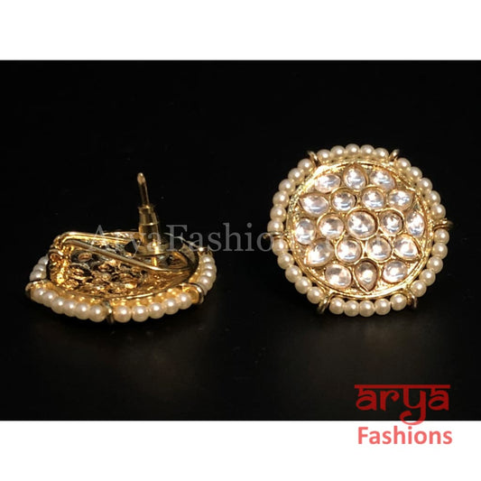 Beautiful Golden Pearl Jadau Kundan Sabyasachi Studs Earrings