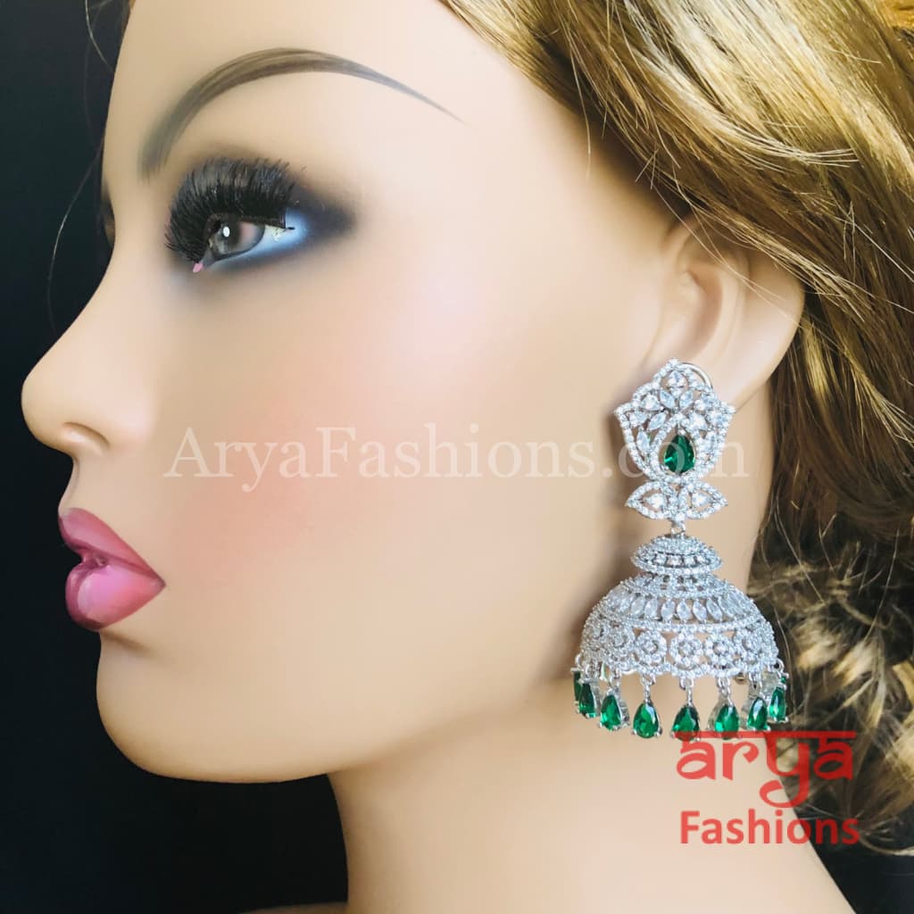 Big Silver CZ Jhumka with Colored stones/ Golden Ruby Jhumka/ Cocktail Earrings