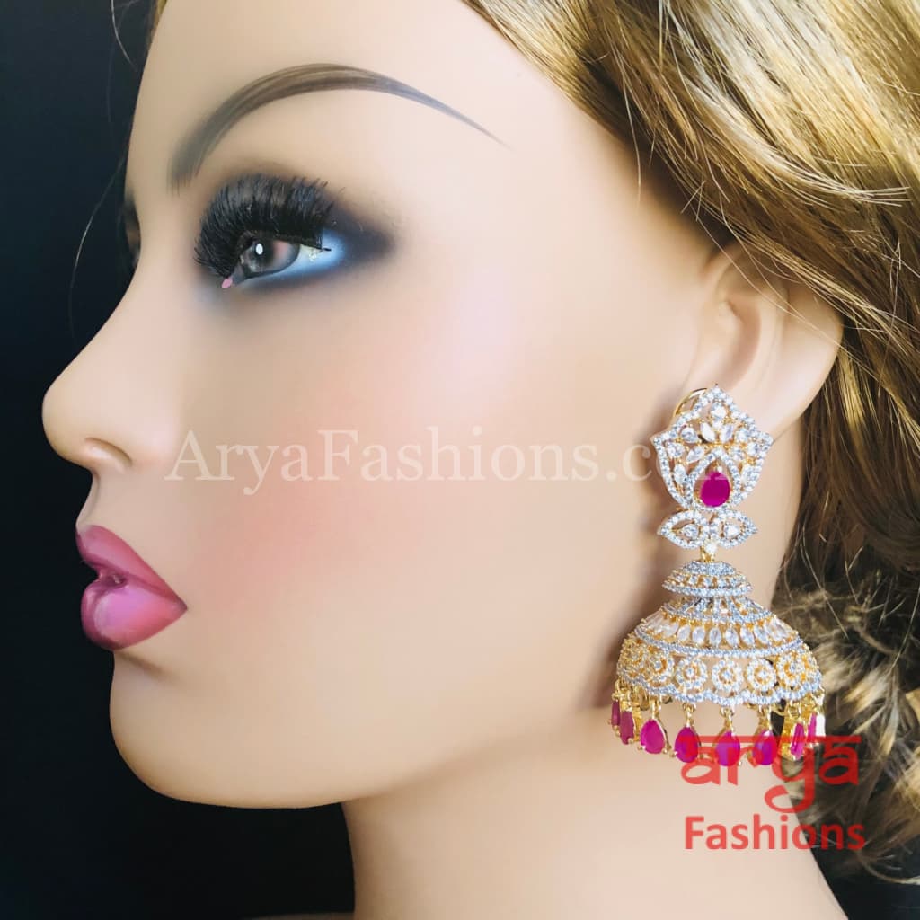 Big Silver CZ Jhumka with Colored stones/ Golden Ruby Jhumka/ Cocktail Earrings