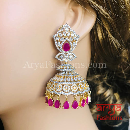 Big Silver CZ Jhumka with Colored stones/ Golden Ruby Jhumka/ Cocktail Earrings