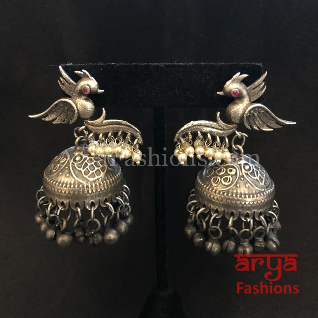 Bird Oxidized Silver Jhumka Earrings with Ghungroo