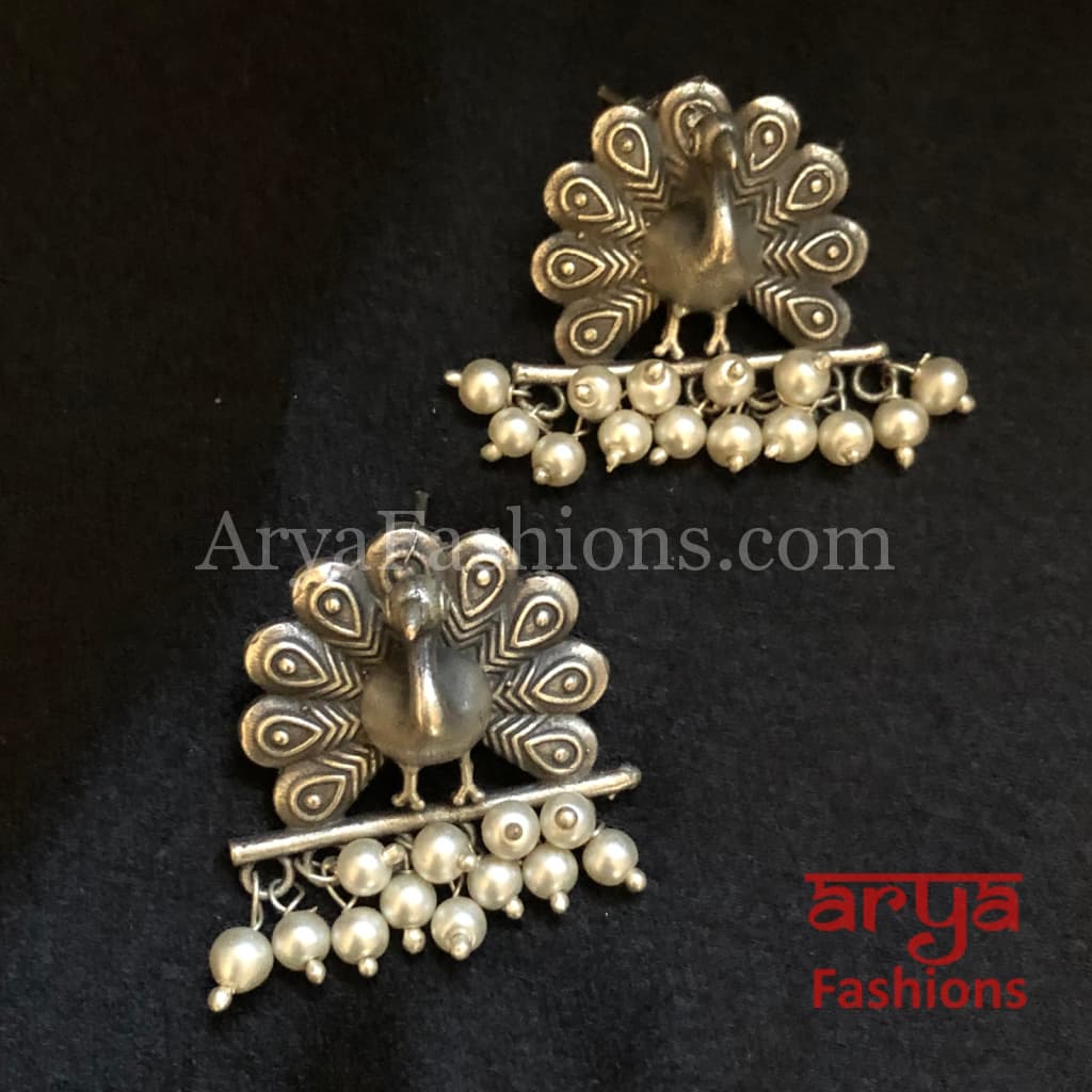 Bird Studs/ Oxidized Silver Stud Earrings with Pearls