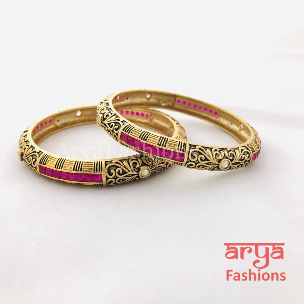 Black Meenakari Bangles with Ruby and White Stones Pair of 2
