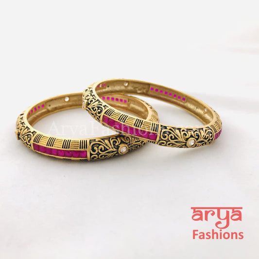 Black Meenakari Bangles with Ruby and White Stones Pair of 2