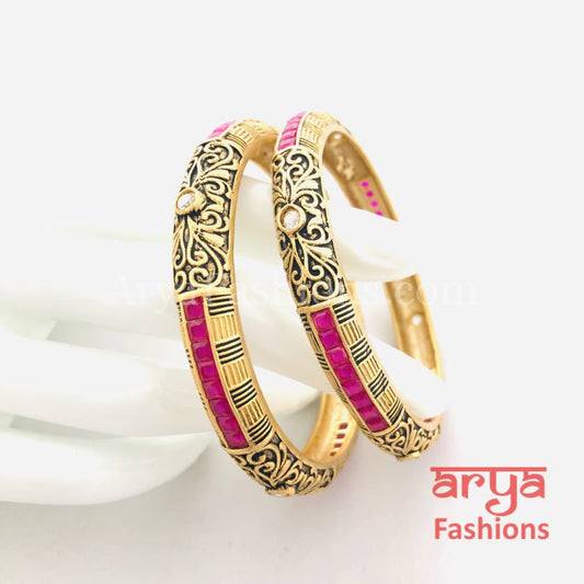 Black Meenakari Bangles with Ruby and White Stones Pair of 2