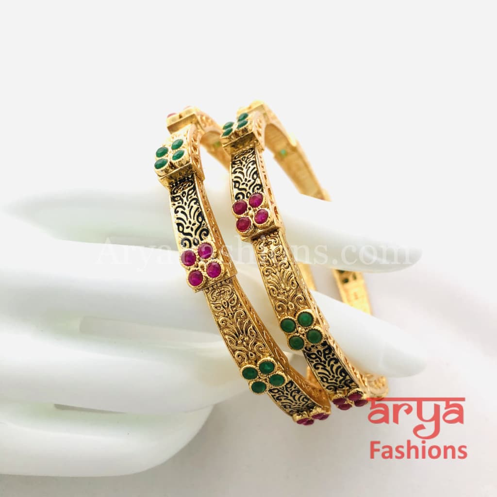 Black Meenakari Kundan Bangles with CZ and Ruby Stones