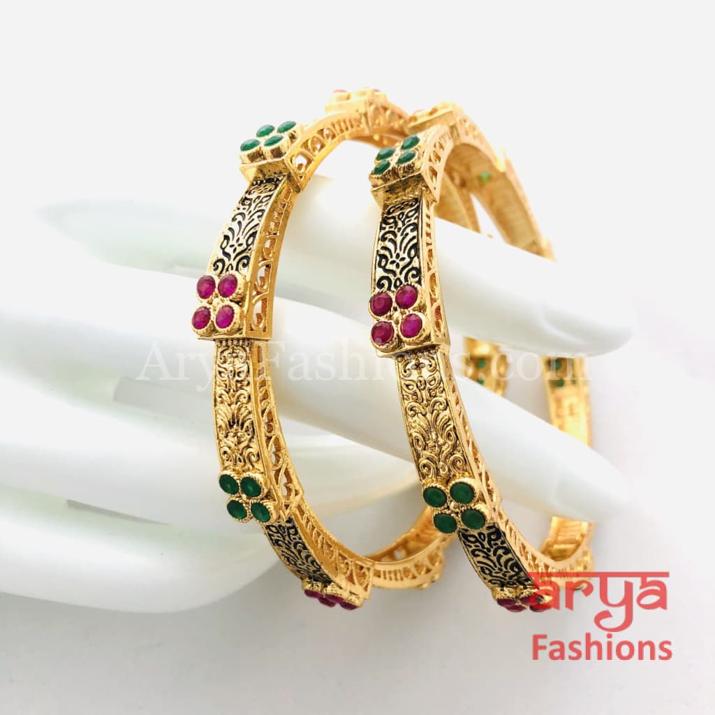 Black Meenakari Kundan Bangles with CZ and Ruby Stones