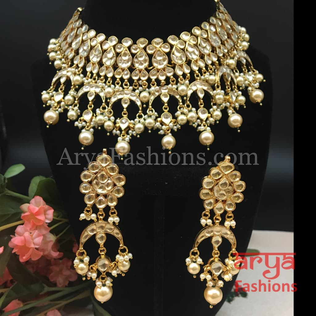 Bridal Choker Style Kundan Necklace with Pearl Drops