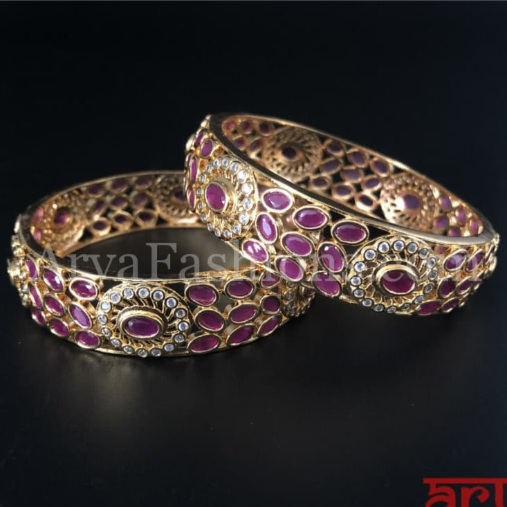 Bridal Golden Ruby White CZ Stones Bracelet Bangles