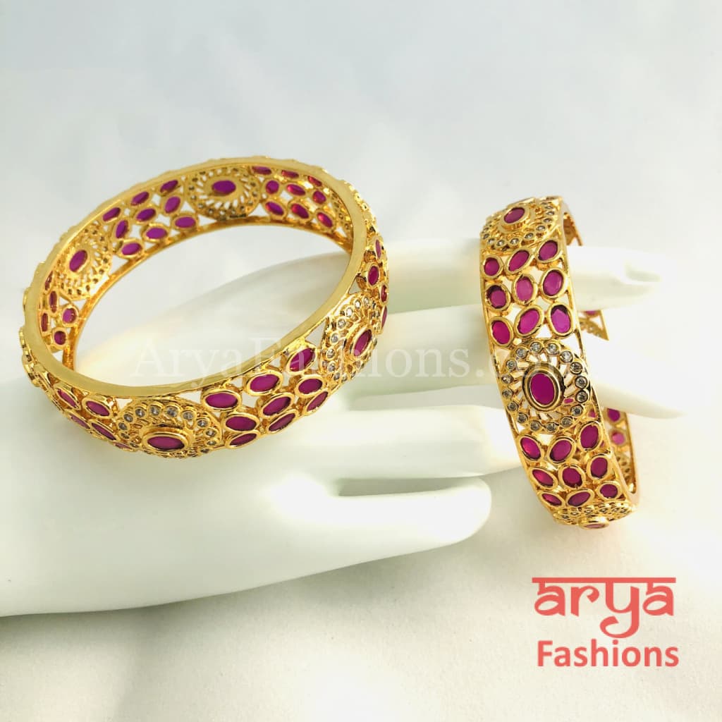 Bridal Golden Ruby White CZ Stones Bracelet Bangles