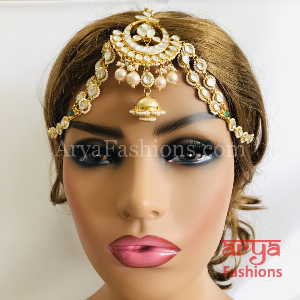 Bridal Jadau Kundan and Golden Pearls Mathapatti Maang Tikka Indian Wedding