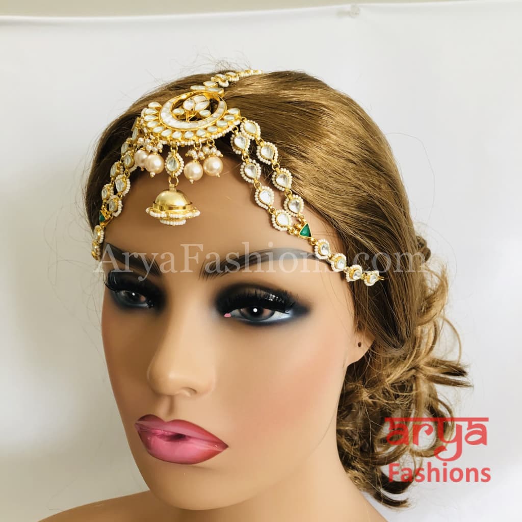 Bridal Jadau Kundan and Golden Pearls Mathapatti Maang Tikka Indian Wedding