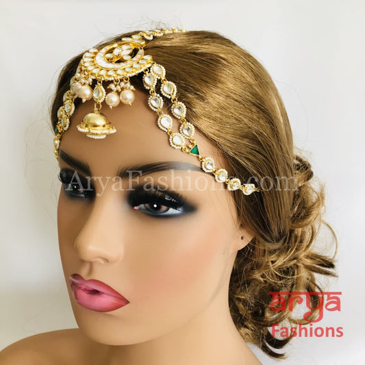 Bridal Jadau Kundan and Golden Pearls Mathapatti Maang Tikka Indian Wedding