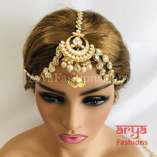 Bridal Jadau Kundan and Golden Pearls Mathapatti Maang Tikka Indian Wedding