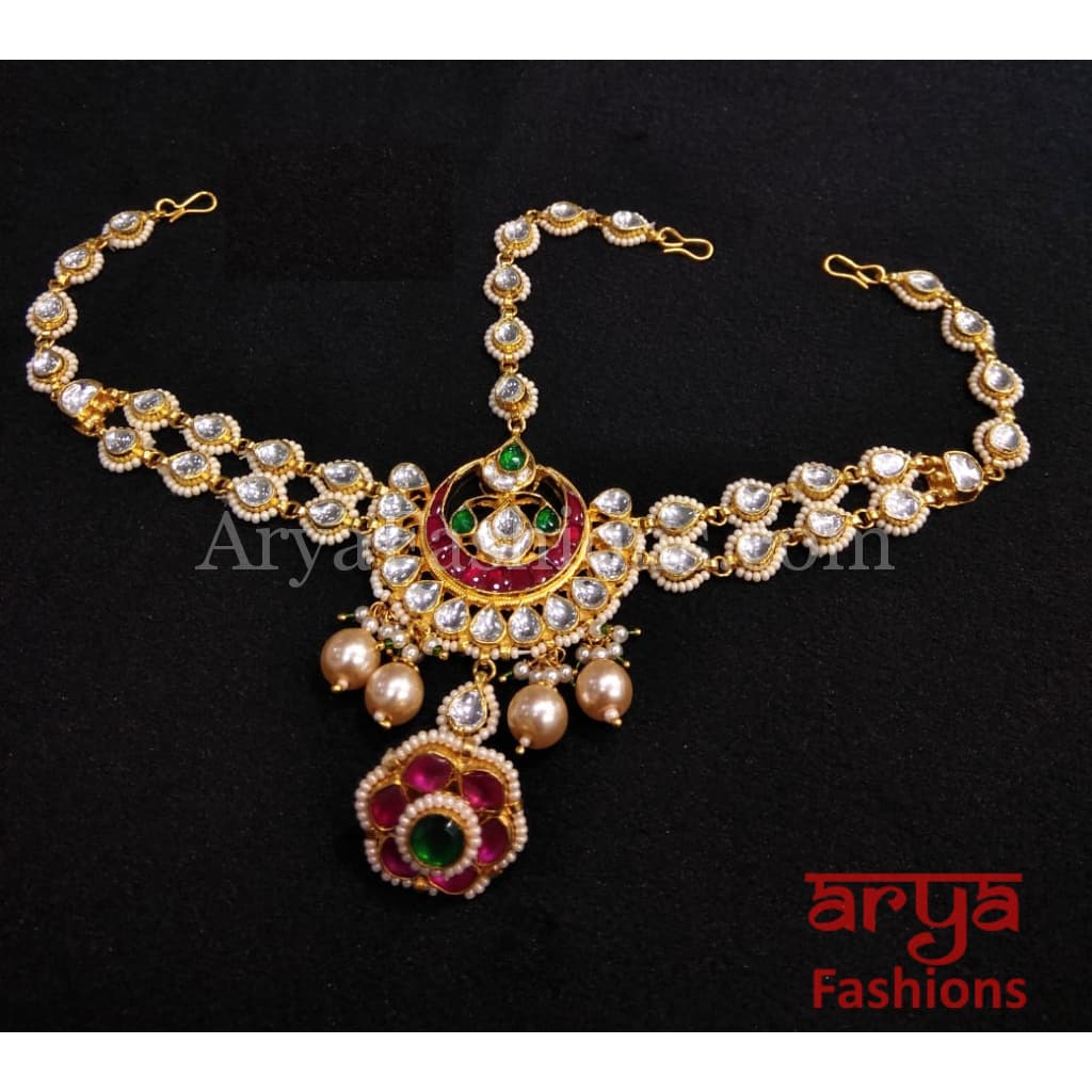 Bridal Jadau Kundan and Pearls Ruby Emerald Mathapatti Maang Tikka