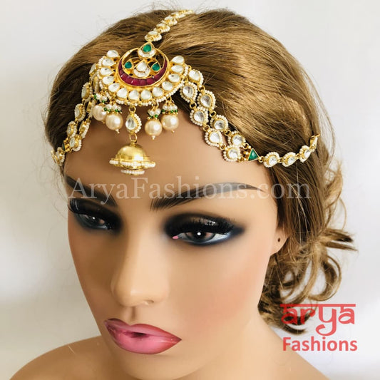 Bridal Jadau Kundan and Pearls Ruby Emerald Mathapatti Maang Tikka