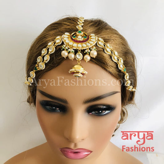 Bridal Jadau Kundan and Pearls Ruby Emerald Mathapatti Maang Tikka