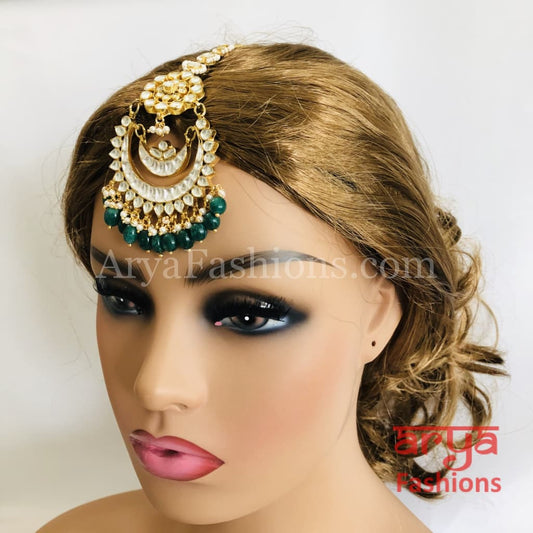 Bridal Kundan Mang Tika with Emerald and Pearl Beads