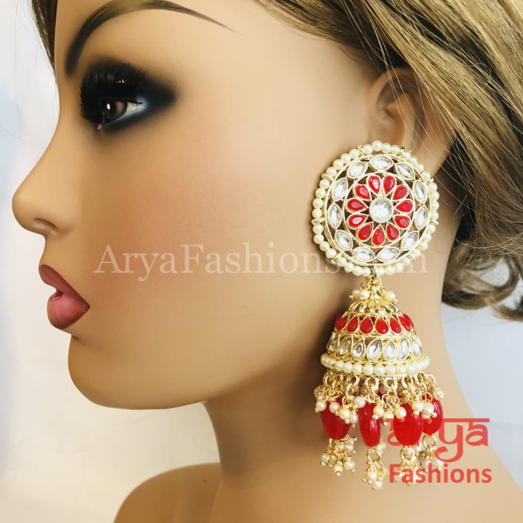 Bridal Meenakari Long Jhumka Earrings with Colorful beads in Golden Finish