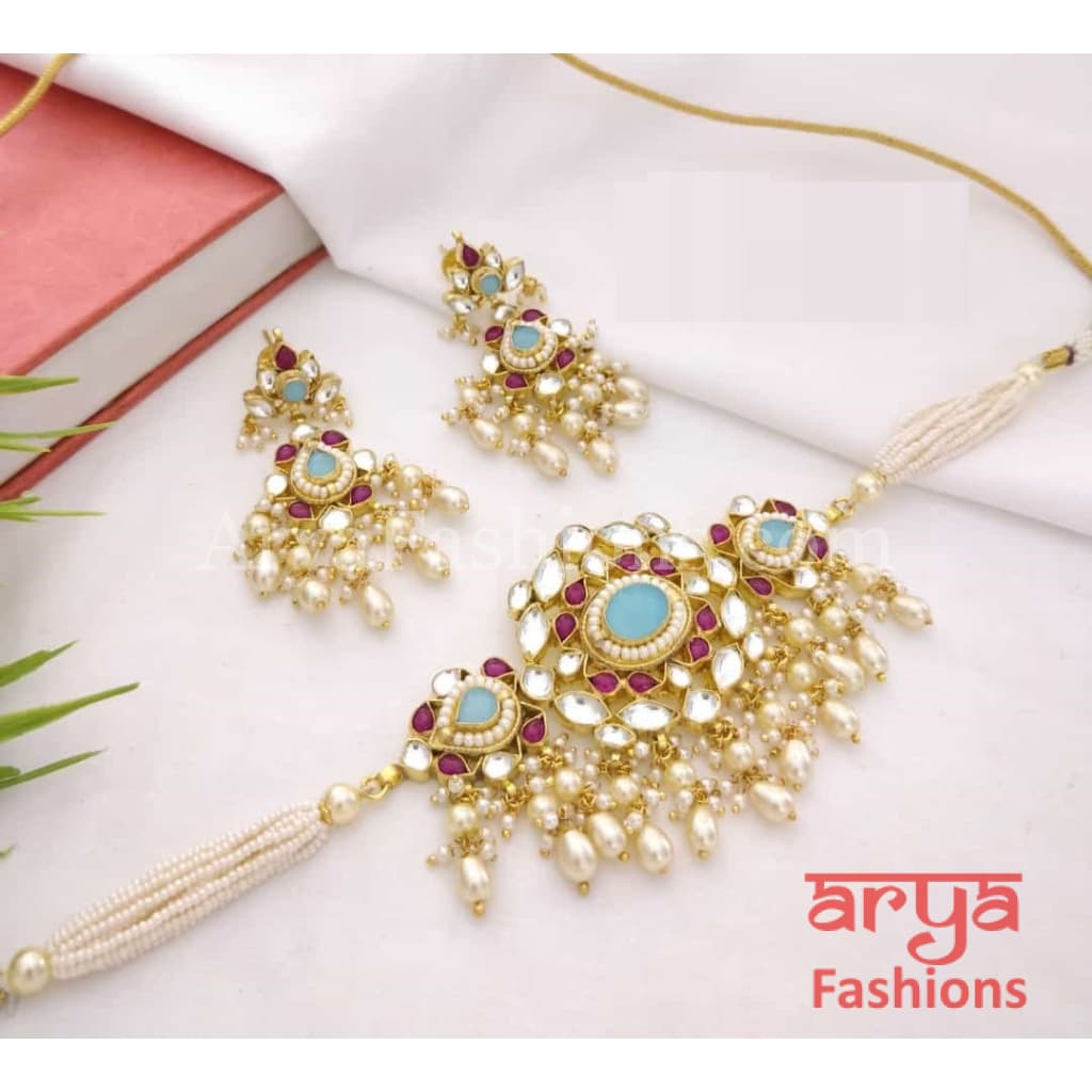 Bridal Pearl Emerald Ruby Pacchi Kundan Choker Necklace with Earrings
