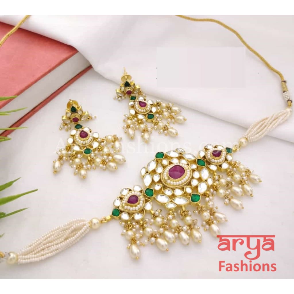 Bridal Pearl Emerald Ruby Pacchi Kundan Choker Necklace with Earrings