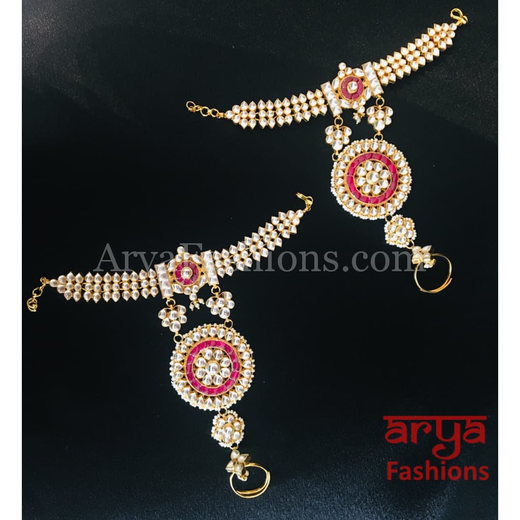 Bridal Pink Ruby Golden Kundan Hathphool with Pearls