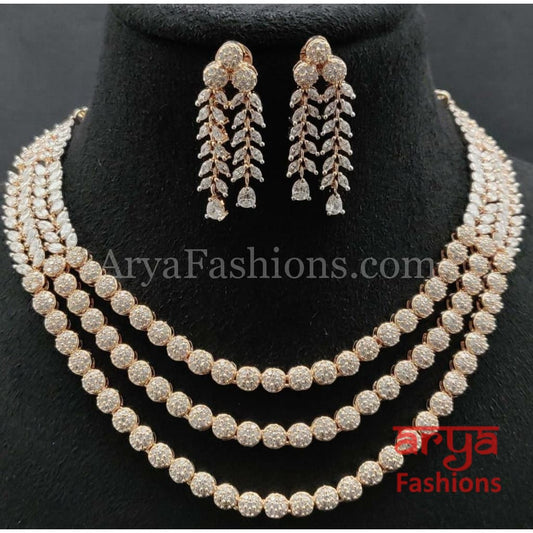 Bridal Rose Gold CZ Choker Necklace with Long Earrings