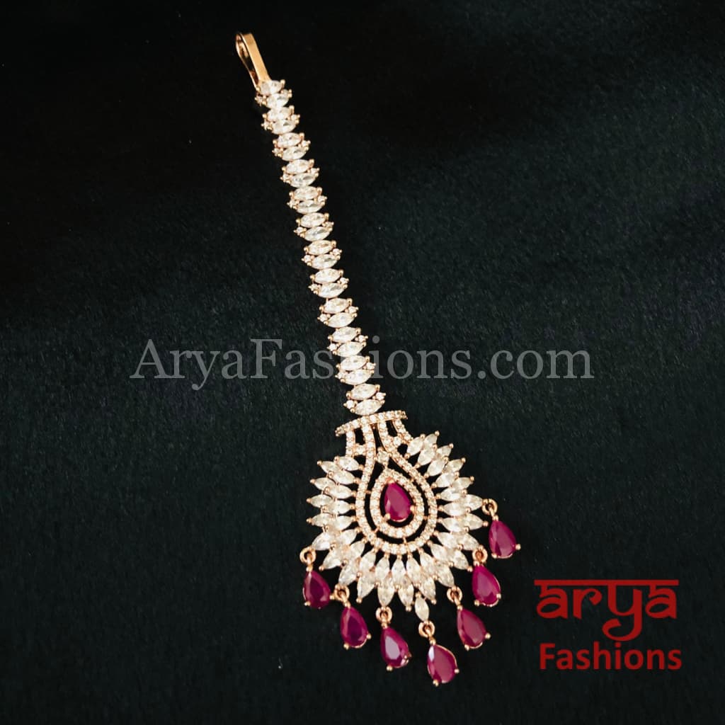 Bridal Rose Gold and Silver Cubic Zirconia Mang Tika