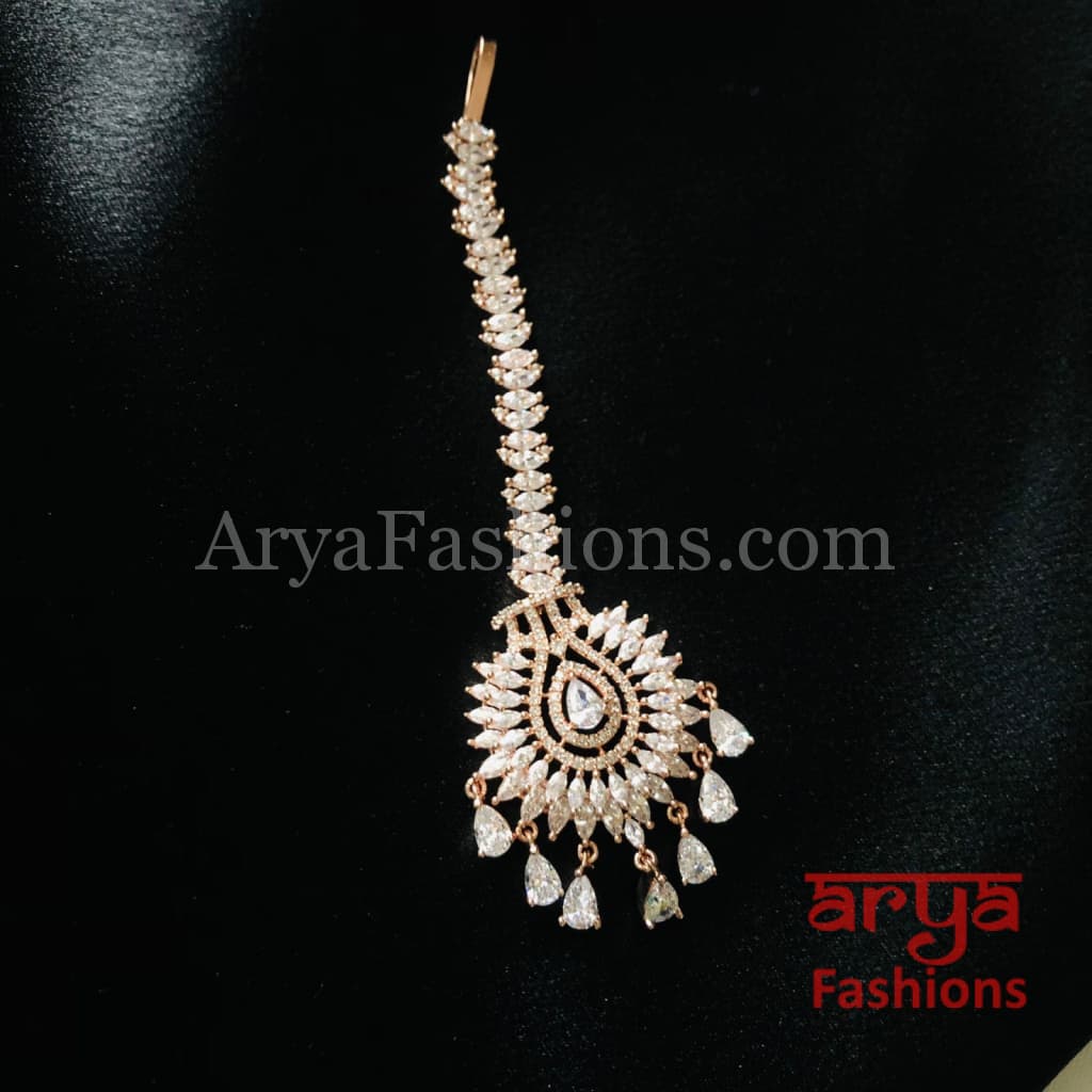 Bridal Rose Gold and Silver Cubic Zirconia Mang Tika