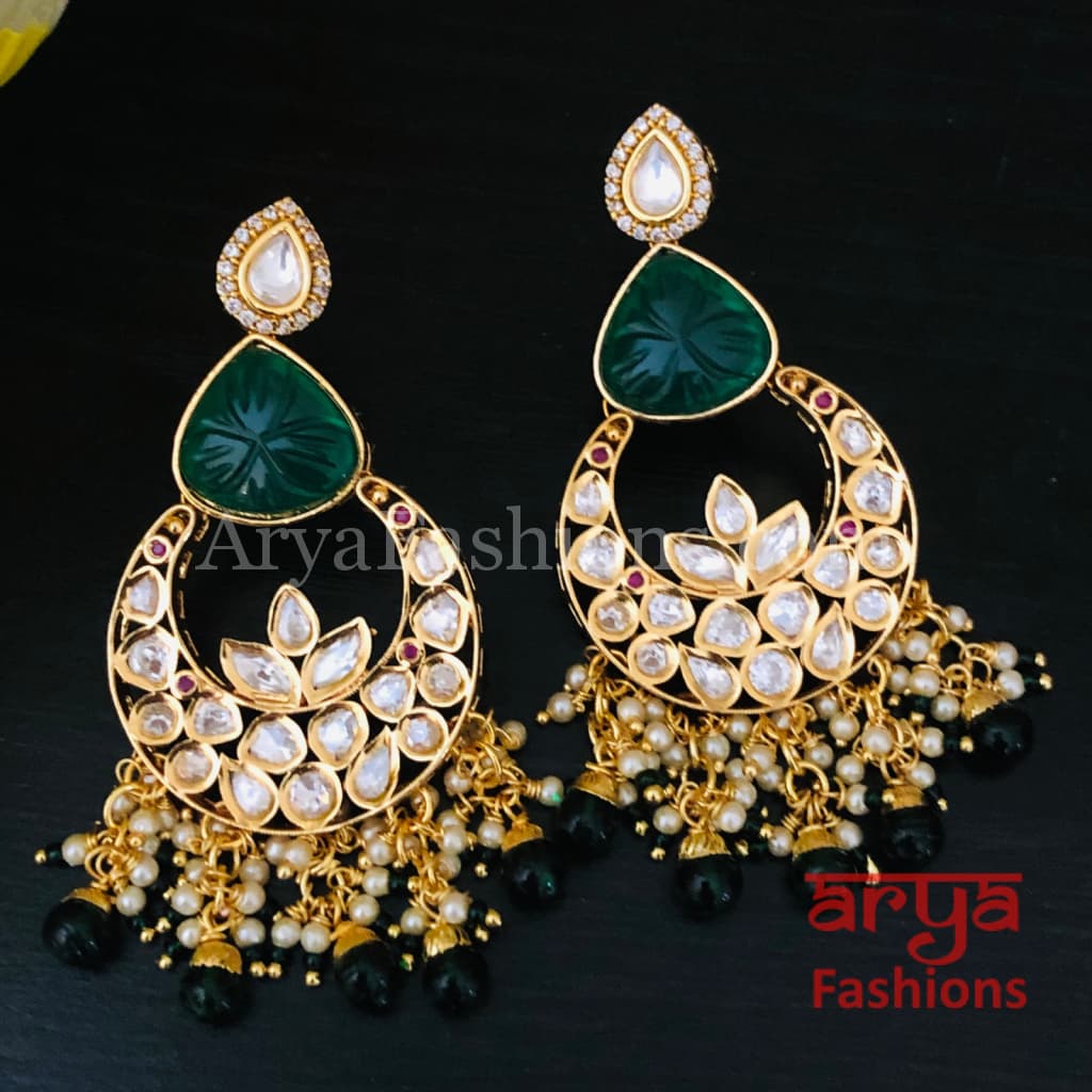 Bridesmaid Pacchi Kundan Chandbali Earrings/ Emerald Green Earrings
