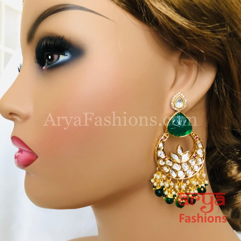 Bridesmaid Pacchi Kundan Chandbali Earrings/ Emerald Green Earrings