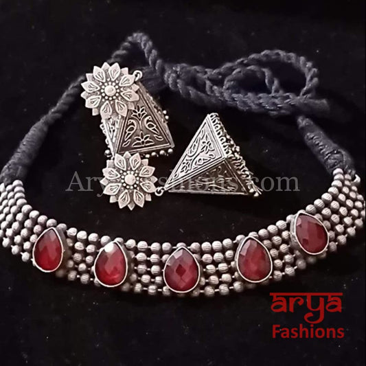 Colored Stones Oxidized Tribal Necklace with Cultured