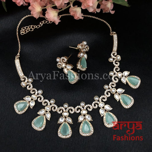 Cubic Zirconia Necklace with Blue Stones in Rose Gold Finish