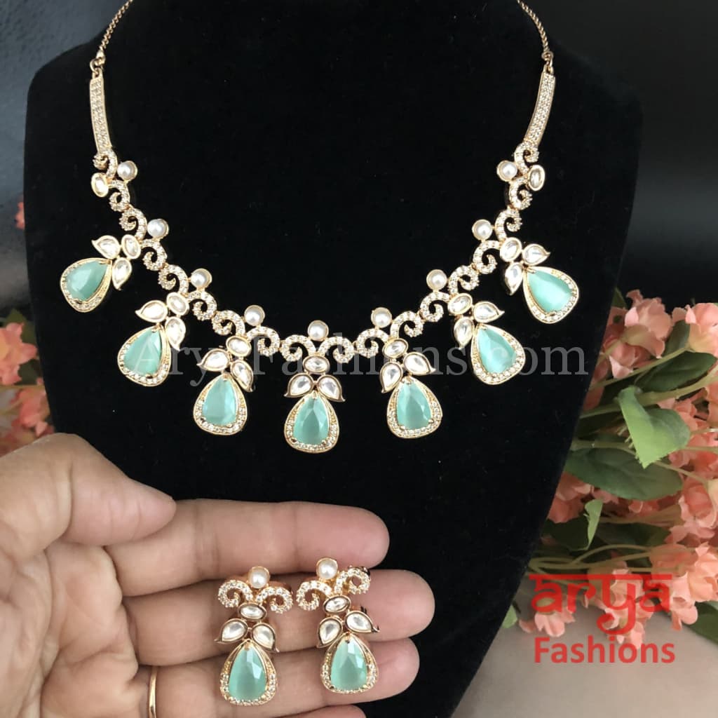 Cubic Zirconia Necklace with Blue Stones in Rose Gold Finish