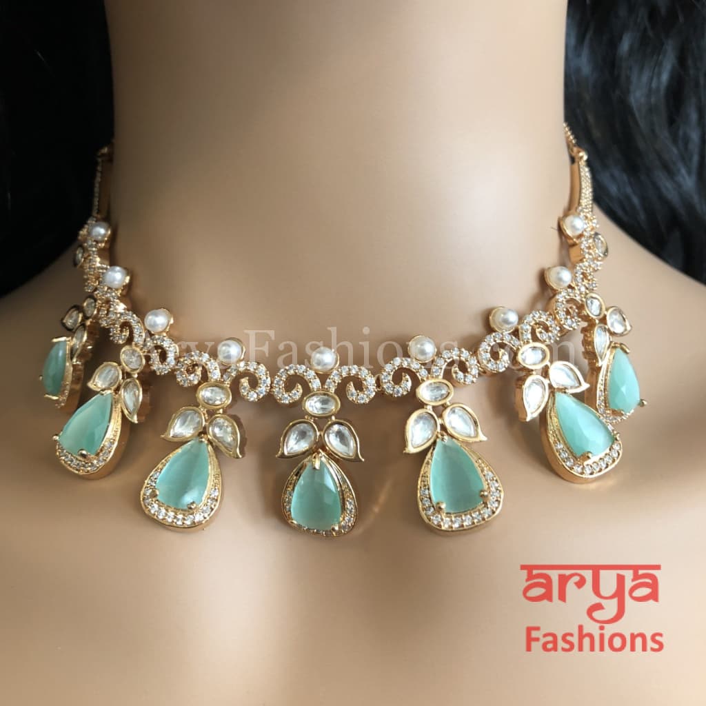 Cubic Zirconia Necklace with Blue Stones in Rose Gold Finish