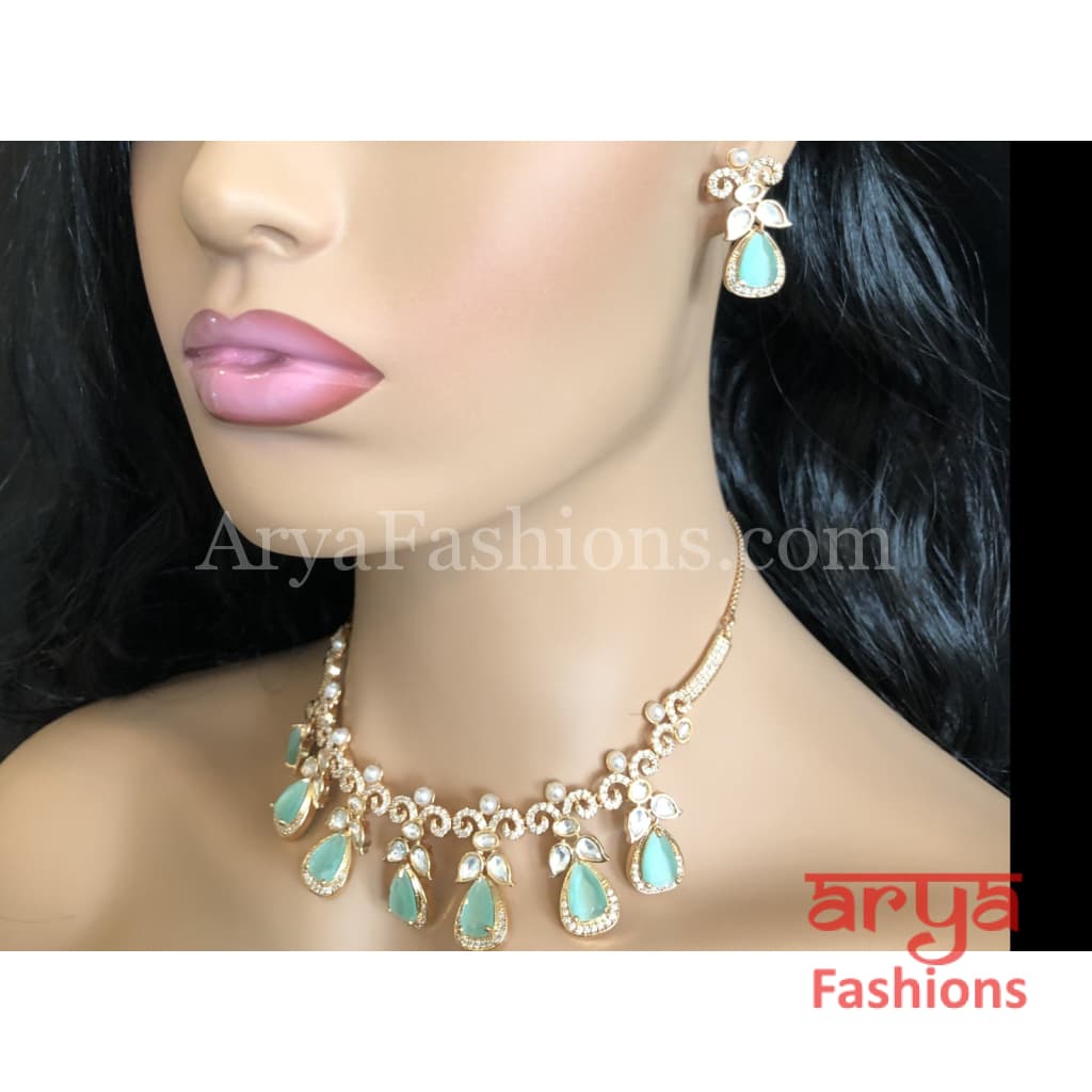 Cubic Zirconia Necklace with Blue Stones in Rose Gold Finish