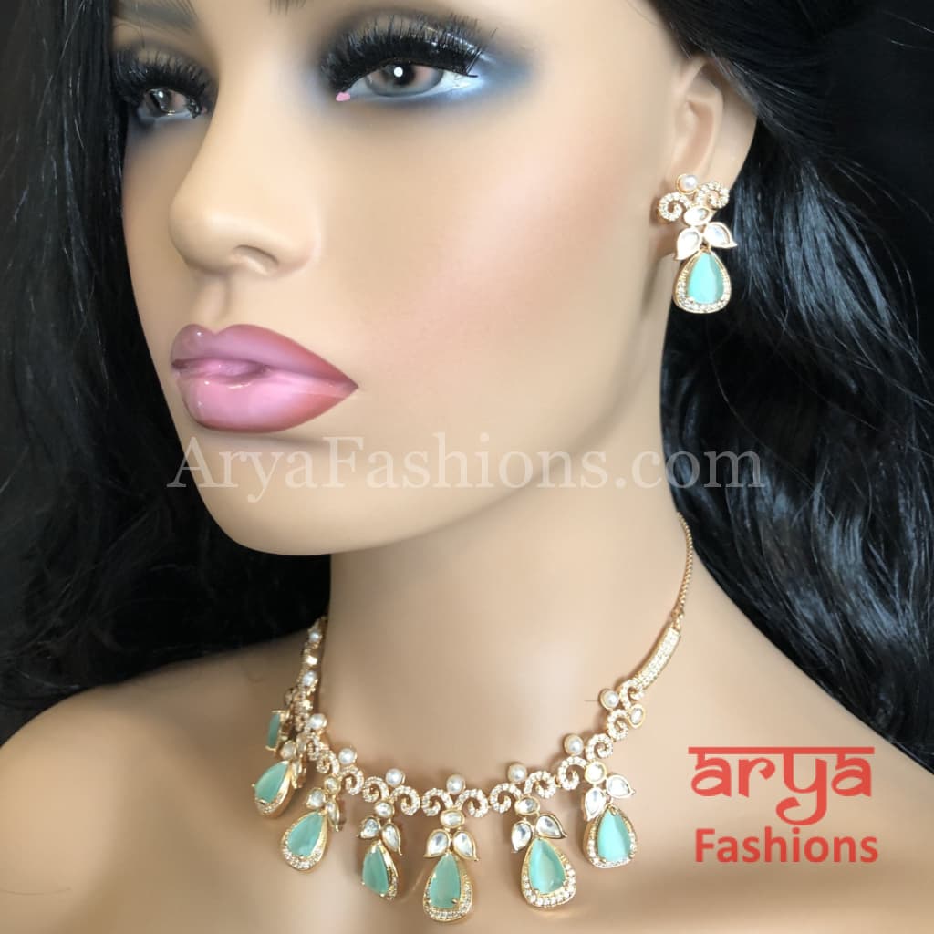 Cubic Zirconia Necklace with Blue Stones in Rose Gold Finish