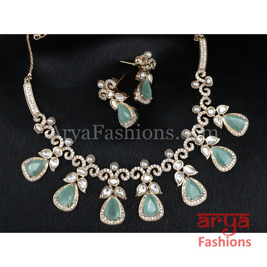 Cubic Zirconia Necklace with Blue Stones in Rose Gold Finish