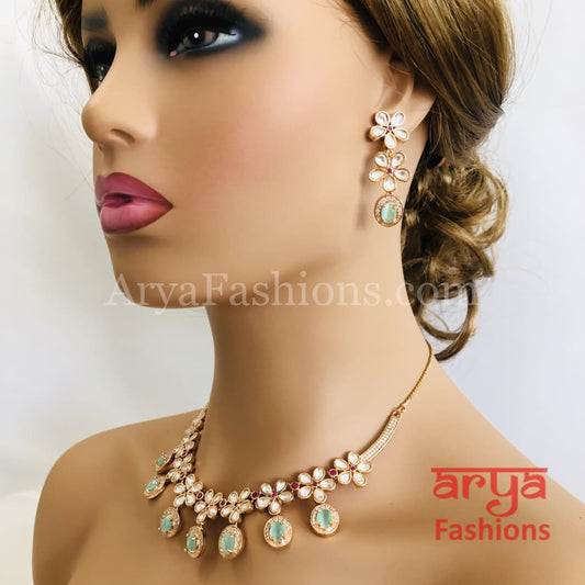 Cubic Zirconia Necklace with Green Stones in Rose Gold Finish